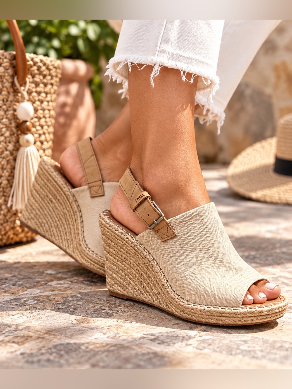 TOMS Monica Natural Oxford Espadrille Wedge Slingback Sandals Size 9 NWT